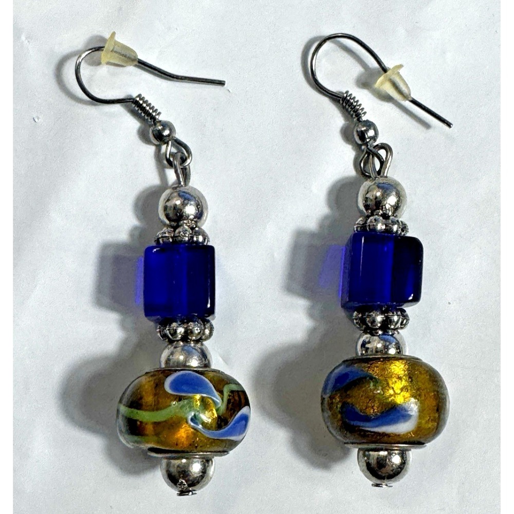 Artisan Lampwork Glass Drop Earrings Blue Gold Swirl Cube Bead Boho Dangle 2 In